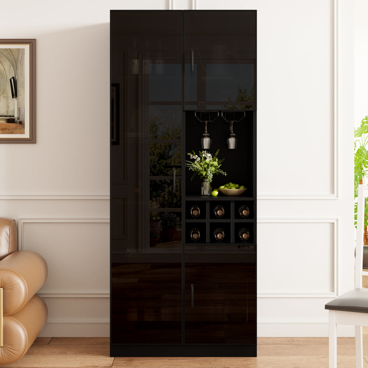 Vitrina con iluminación LED controlable por App, armario de cristal con puertas de cristal, estante para vinos y espacio de almacenamiento, armario para el salón