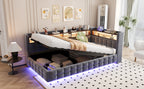 Sofa cama poltrona multifuncional 90 × 200 cm, con espacio de almacenamiento hidráulico, estante de madera, tira de luz LED, toma de corriente, conectores de carga USB y Type-C, soporte de armazón de madera, material de terciopelo gris oscuro
