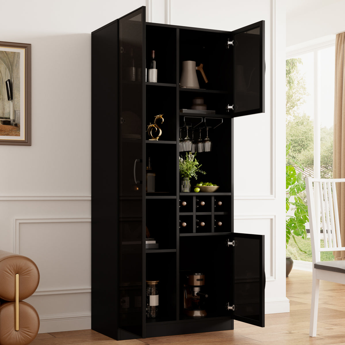 Vitrina con iluminación LED controlable por App, armario de cristal con puertas de cristal, estante para vinos y espacio de almacenamiento, armario para el salón