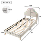 Cama con cabezal en forma de nubes, con luces LED multicolores y cambiantes, cama para niños con listones de madera, cama individual, seda, beige, 90x200cm