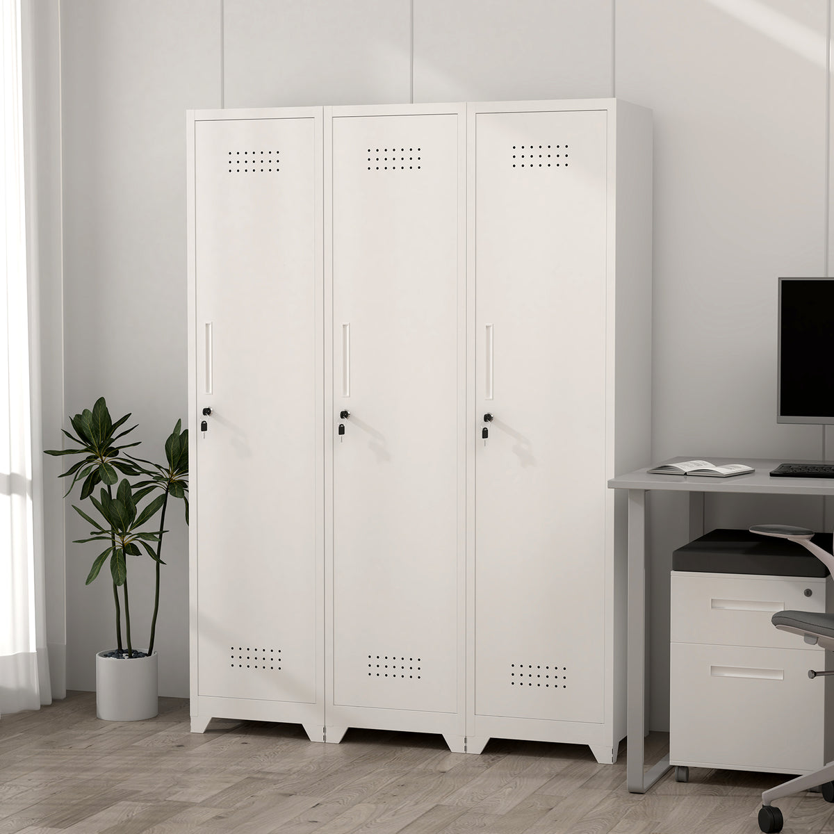 Gabineté de almacenamiento para limpieza de metal esbelto y blanco con puerta cerradora, estantes y barra de colgado, 65" de alto, organizador de utilidades para la cocina, despensa, oficina, taller y garaje