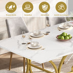 Mesa de comedor de 200×80cm, para 8–10 personas, diseño moderno en óptica de mármol, placa de mesa de 2,5 cm de espesor, resistente al agua y al arañazo, patas metálicas de color oro con correderas ajustables, adecuada para el salón y el comedor
