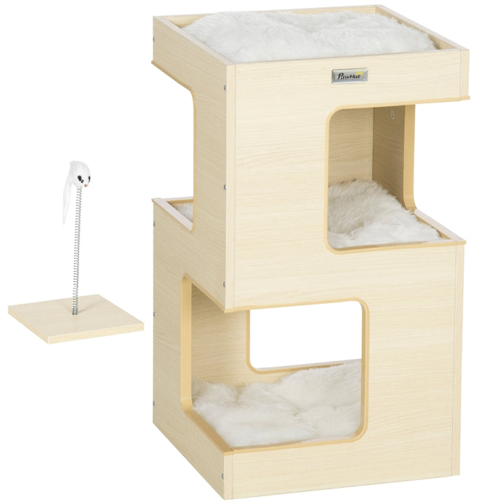 Tonera para gato, casa para gato, 2 niveles, incluye juguete, 34 cm x 34 cm x 60 cm, Natural + Gris claro