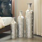 Set de 3 Vasos de Piso con Estampado de Olas, Color Plata (50/66/83 cm) - Grandes Vasos Decorativos de Metal como Cubiertos para Plantas, Decoración para Salón y Pasillo en Estilo Moderno