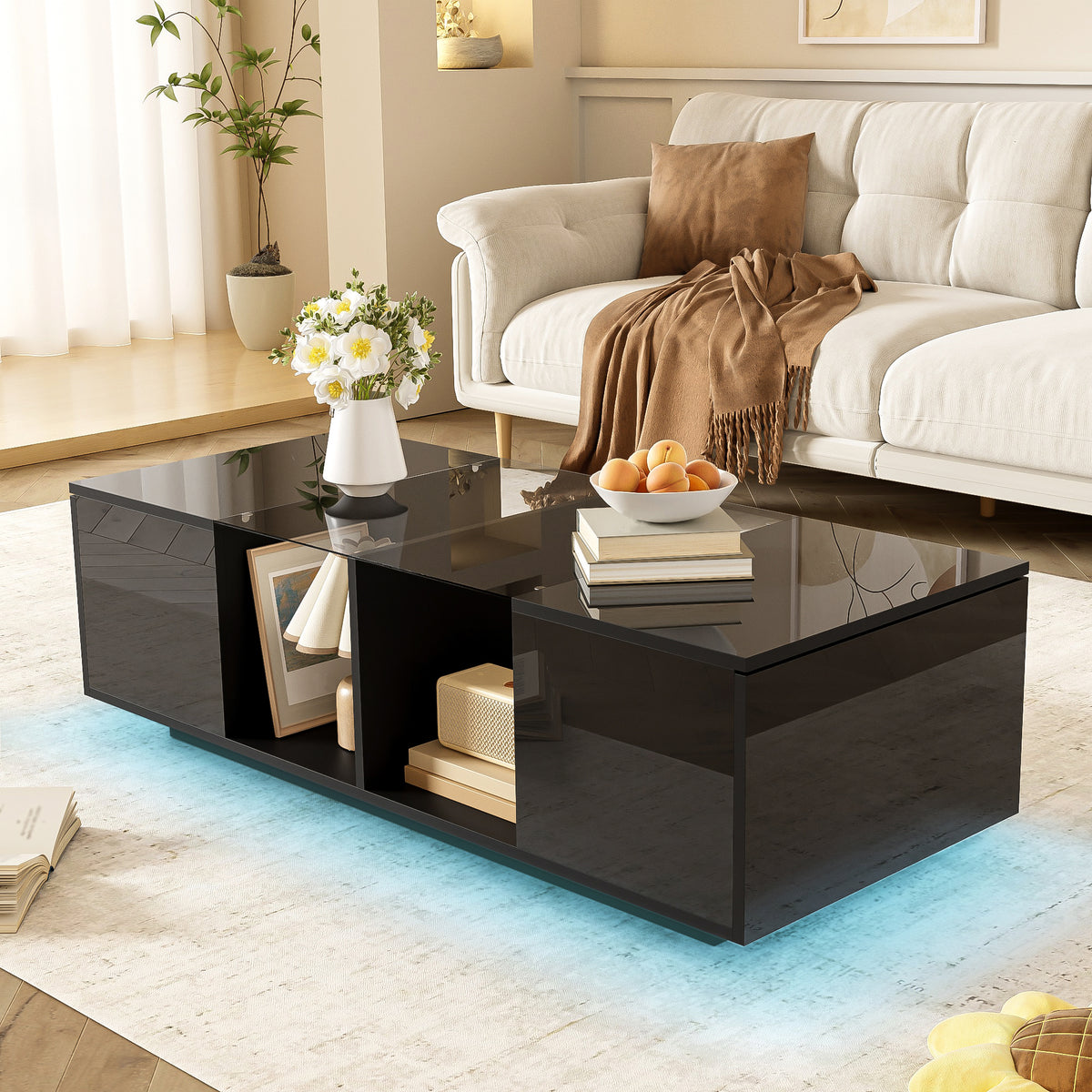 Mesa de centro moderna negra con iluminación LED, superficie de mesa de alta lustre, 120 x 50 x 38,5 cm