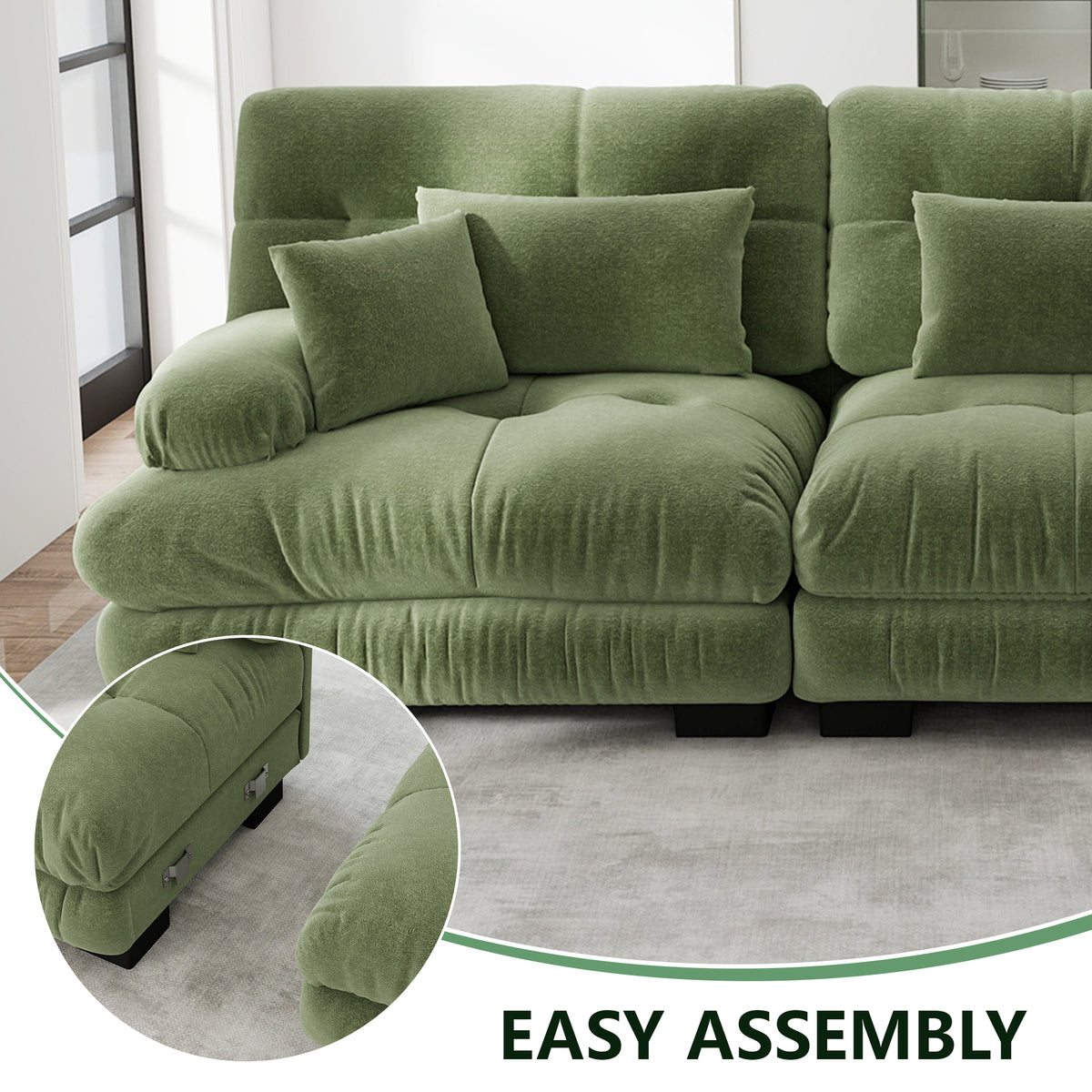 Sofá angular modular de 4 plazas con asiento profundo, sofá cama de chenille, cómodamente revestido para salón, apartamento, estudio, oficina, chenille verde