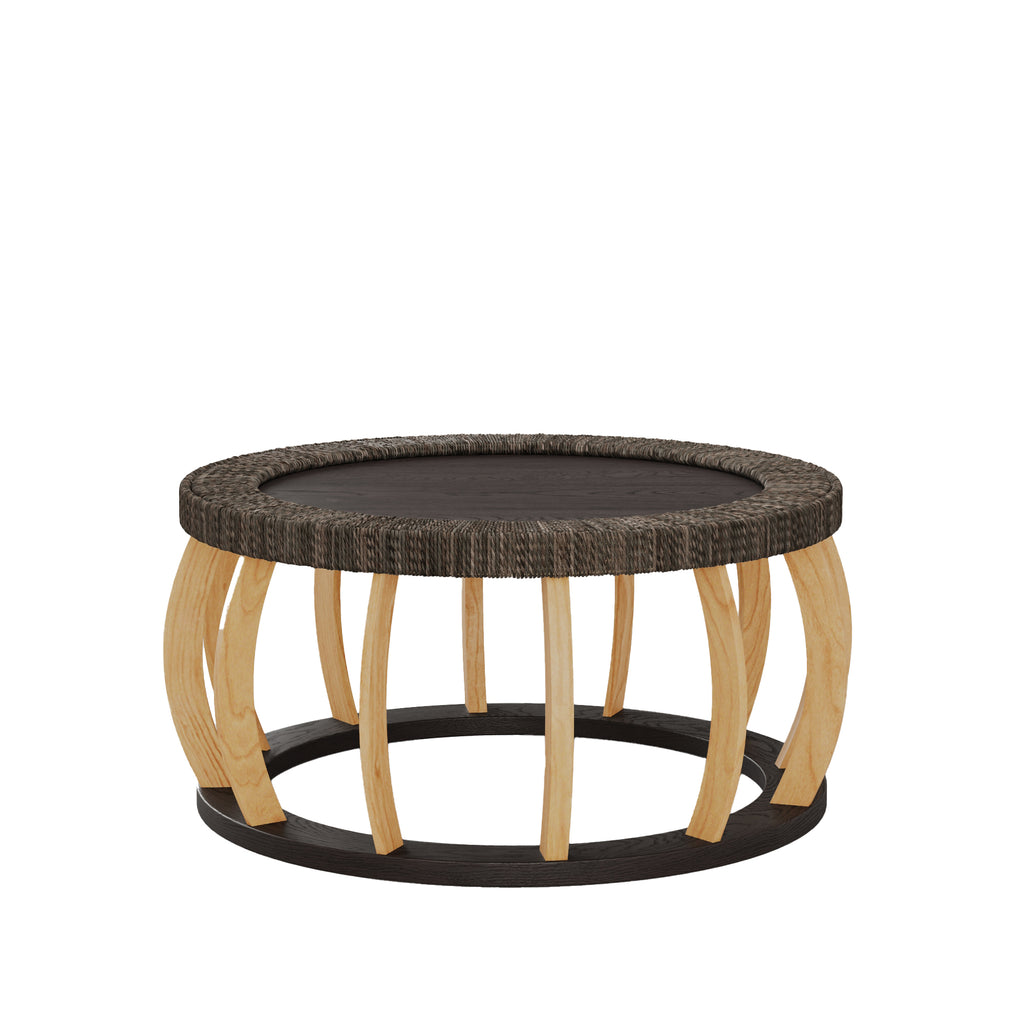 Mesa de café redonda de madera sólida con mimbre vintage, patas curvas, acento boho para el comedor, la cocina y la sala de estar, Negro Marrón