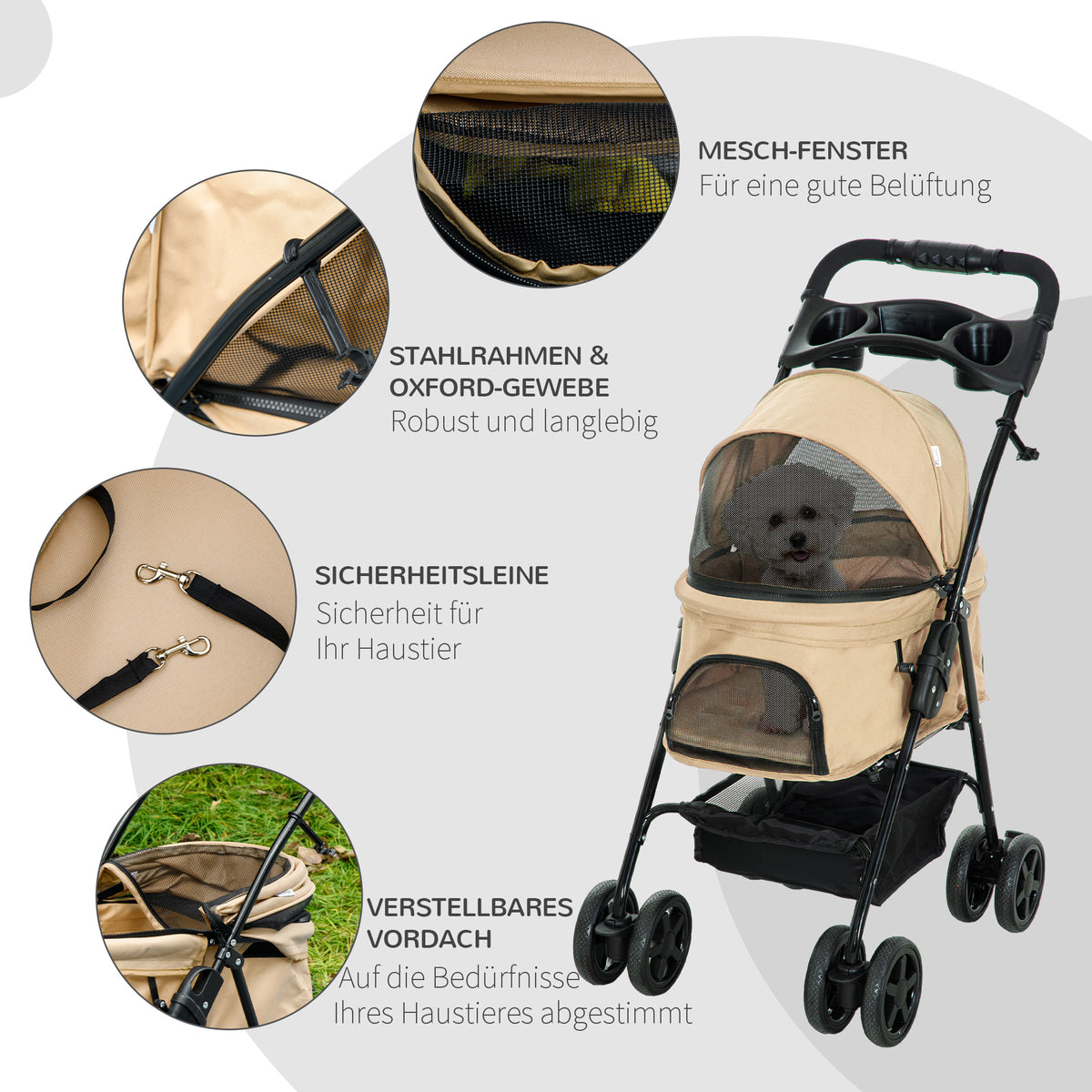 Cochecito para mascotas con función de plegado, ideal para perros y gatos pequeños, Oxford Khaki 67x45x96cm