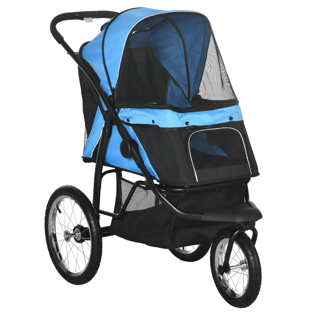 Hundebuggy, carro para perros con reflectores, plegable, cesto de almacenamiento, protección solar, ventanas de red, Oxford, azul
