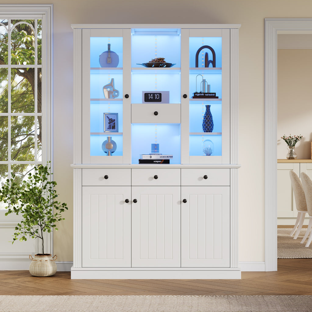 Vitrina N625P293053054055W) de 119,5*40*180cm, Vitrina de estantería con 4 cajones, Vitrinas con LED, Armario para el salón, Armario con 4 cajones y 5 puertas, Gran armario con 21 compartimientos de almacenamiento, MDF