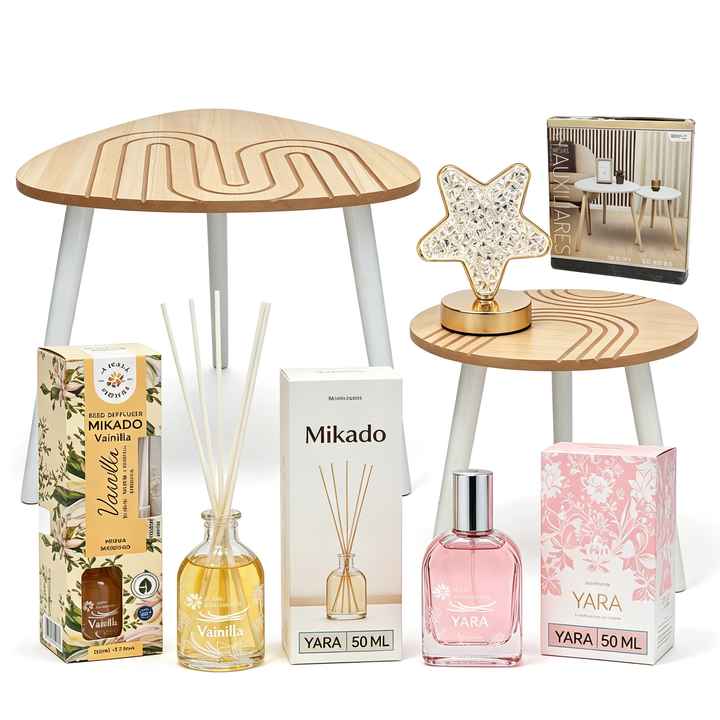 4-in-1 Set Dekoration und Wohnraumdüfte - Beistelltisch + Mikado Vanille + Yara Parfüm + Sternlampe