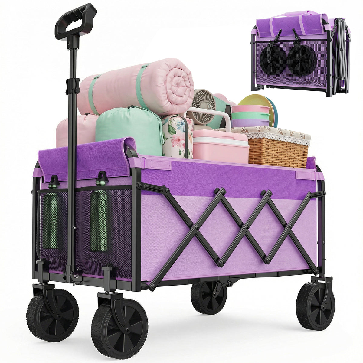 Mini Carro de Carga Plegable Pequeño de 100KG, Carro Manual Plegable, Carro de Comercio Plegable, Carro de Carga para Camping con Asa Ajustable en Altura, Ligero, Espacio Economizador y Estable, Lila