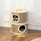 Torre de gato de 49 cm de altura, de 35,5 cm de diámetro, con dos niveles, con borde de plush y alfombra de rascar, 2 cuevas Khaki + Café