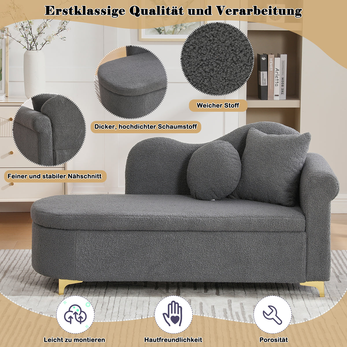 Chaiselongue multifuncional con espacio de almacenamiento, 134 cm, diseño moderno, respaldo ondulado, tela con aspecto de piel de cordero, cojines altamente densos, incluye cojín lumbar + cojín de cuello