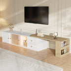 Mueble lateral para TV con iluminación LED, extensible, 2 cajones + 2 puertas correderas de cristal + 1 compartimiento, Mueble lateral para TV con espacio de almacenamiento, estante lateral, moderno, Blanco & Madera, 175×40×35,5 cm