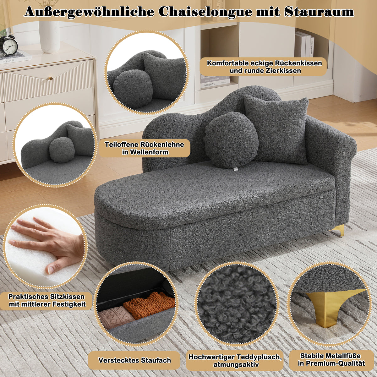Chaiselongue multifuncional con espacio de almacenamiento, 134 cm, diseño moderno, respaldo ondulado, tela con aspecto de piel de cordero, cojines altamente densos, incluye cojín lumbar + cojín de cuello