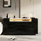 140*40*68cm Sideboard para el salón con 2 puertas en forma de L, armario para el salón con tabiques ajustables y luces LED, armario con lustre con 3 cajones, cómoda, negro