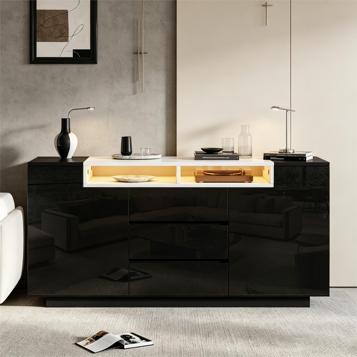 140*40*68cm Sideboard para el salón con 2 puertas en forma de L, armario para el salón con tabiques ajustables y luces LED, armario con lustre con 3 cajones, cómoda, negro