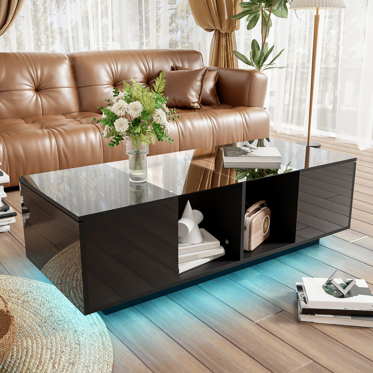 Mesa de centro moderna negra con iluminación LED, superficie de mesa de alta lustre, 120 x 50 x 38,5 cm