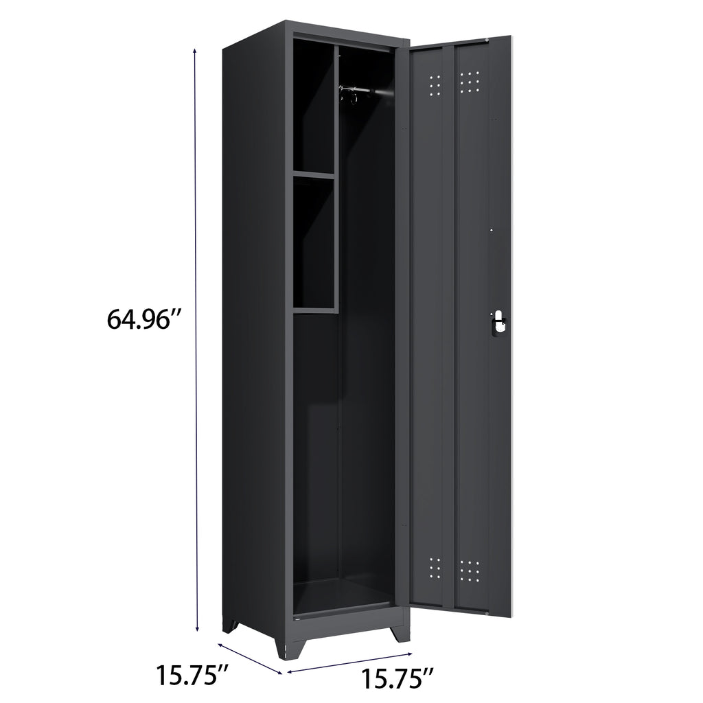 Gabinet de almacenamiento para limpieza de metal negro y esbelto con puerta cerradora, estantes y barra de colgado, organizador de utilidades de 65" de alto para cocina, despensa, oficina, taller y garaje