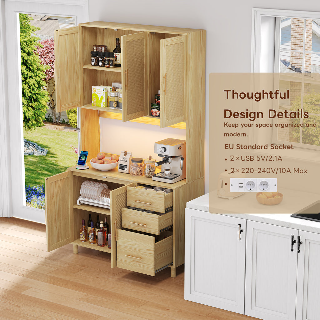 Antecabina de cocina de 183 cm, bufet, luces de decoración LED controladas por app, 2 x USB, 2 x enchufes, tableros de empotramiento ajustables, 3 cajones, asas de metal doradas, ideal para cocinas y comedores.