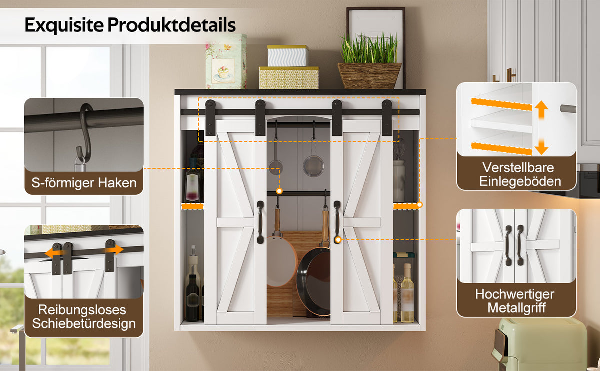 Armario de pared para la cocina con 2 puertas correderas y soportes de empotramiento ajustables, armario de pared para el almacenamiento en el salón, el baño y la lavandería, 80 × 31 × 76 cm