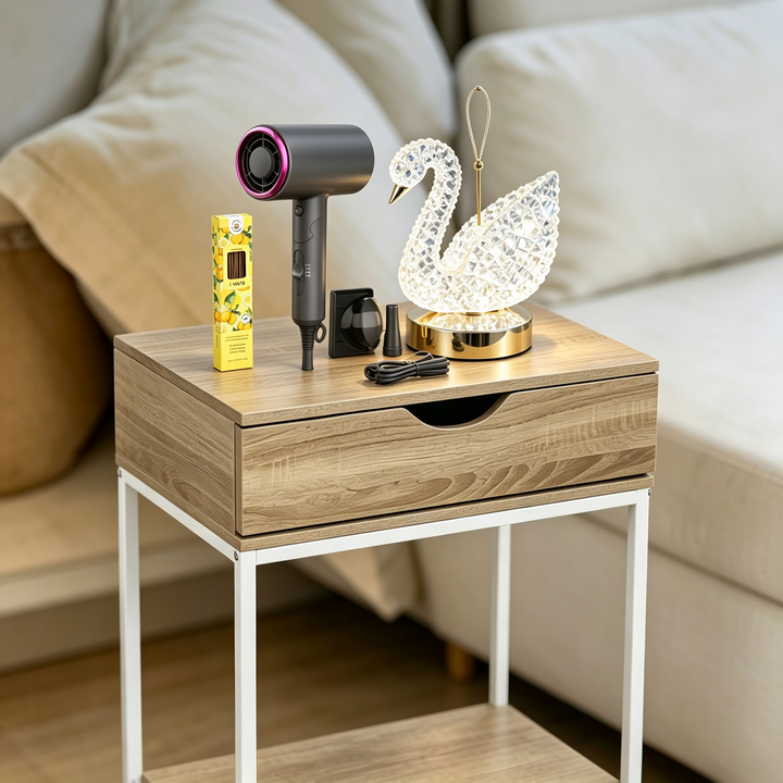 Premium 4-in-1 Set für weibliche Dekoration – Beistelltisch + Zitronen-Mikado + Ionenhaartrockner + Schwanenlampe