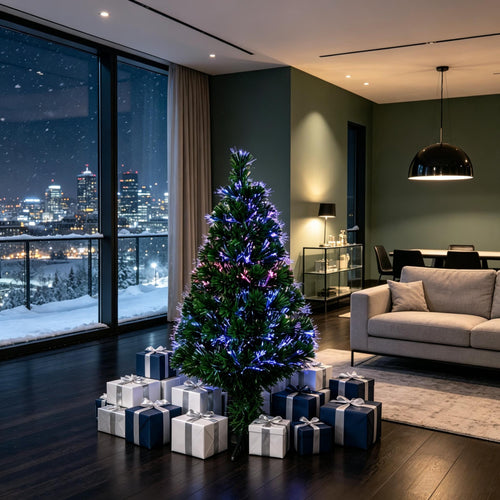 Künstlicher Weihnachtsbaum mit mehrfarbiger Glasfaserbeleuchtung, 90 Zweigen und stabilem Standfuß, festliche Weihnachtsdekoration für den Innenbereich. Weihnachtsdekoration für das Zuhause (nur Weihnachtsbaum enthalten)
