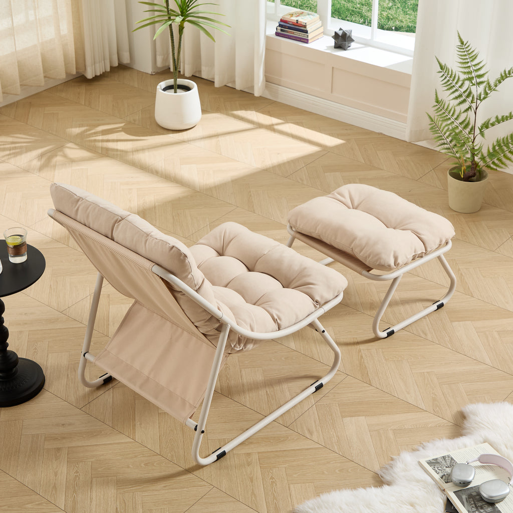 Silla de estar exterior para el patio con cojín, Silla reclinable cómoda con cojín abultado y taburete, Ideal para el salón, el dormitorio, la sala de lectura, Color de marco beige con cojín beige