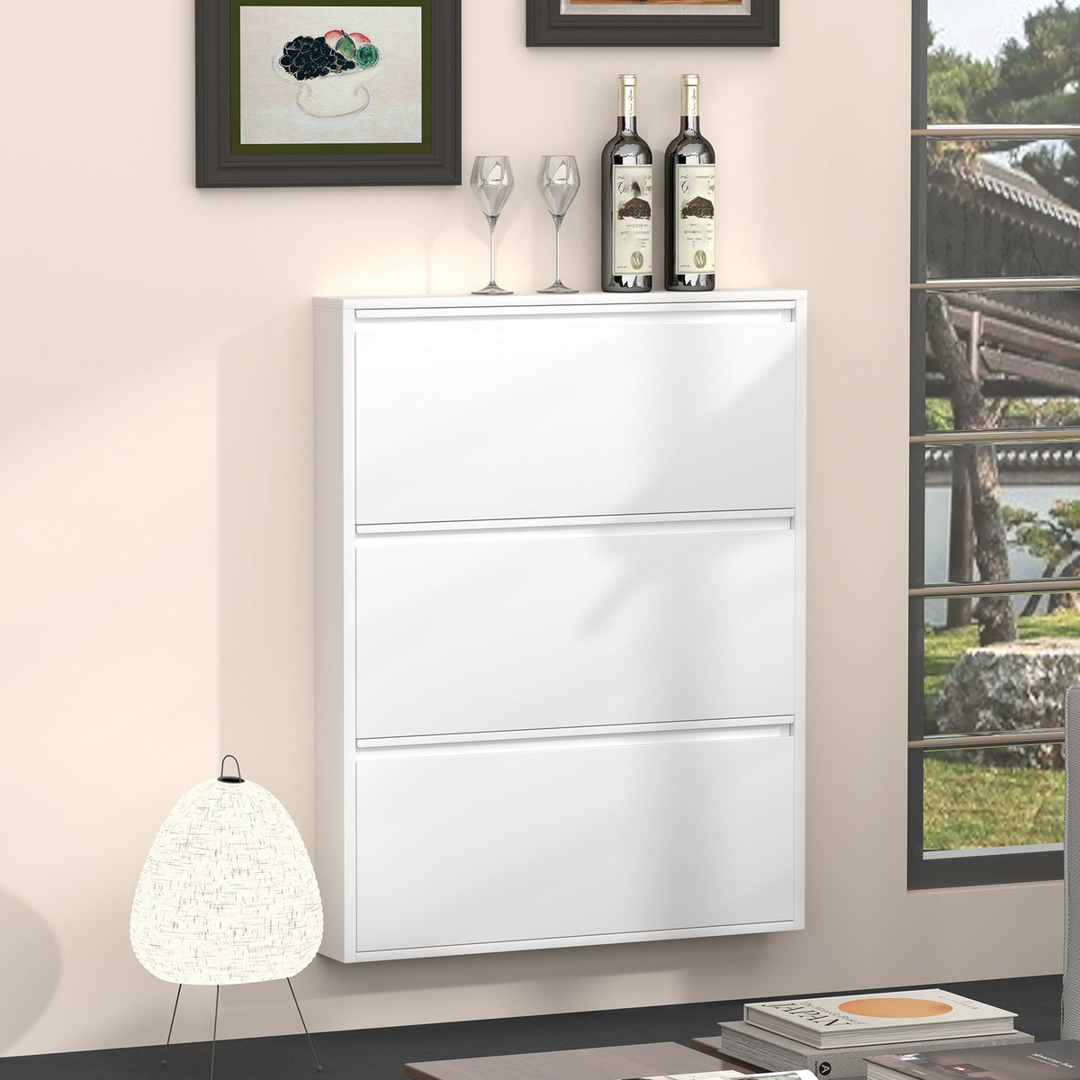 Gabinet de calzado de metal con 3 cajones volteables, organizador de calzado para la pared, estante de calzado escondido estrecho y delgado para el vestíbulo, blanco