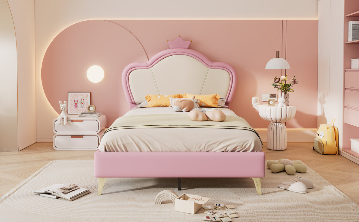 Cama de Colchón, Cama para Niños, con Bordes Suaves de Protección, Parte Superior de la Cama con Corona, Patas de la Cama de Metal, Perfil Elegante de la Parte Superior de la Cama de Colchón, Cama Individual, PU, Rosa + Blanco, 90x200cm