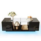Mesa de centro moderna negra con iluminación LED, superficie de mesa de alta lustre, 120 x 50 x 38,5 cm