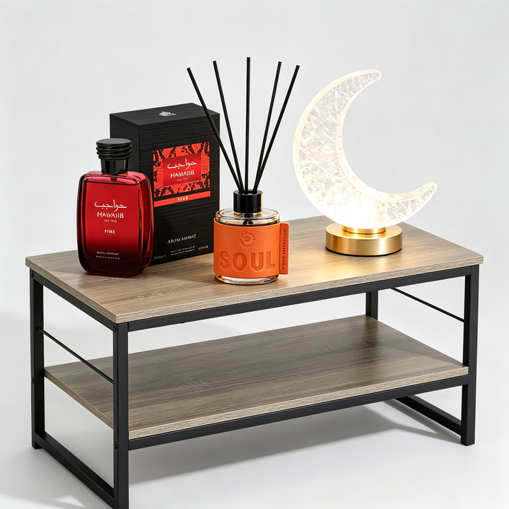 Orientalisches Deko-Set Premium 4-in-1 - Couchtisch + Parfüm Fire + Mikado Soul + Lampe Luna