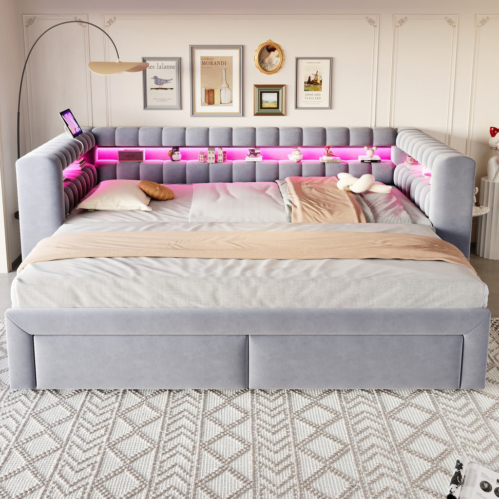 Sofá cama con cojines 90/180 × 190 cm, con cama extraíble y cajones, estantes integrados, iluminación LED, conectores USB y Typ-C, tela de seda gris claro
