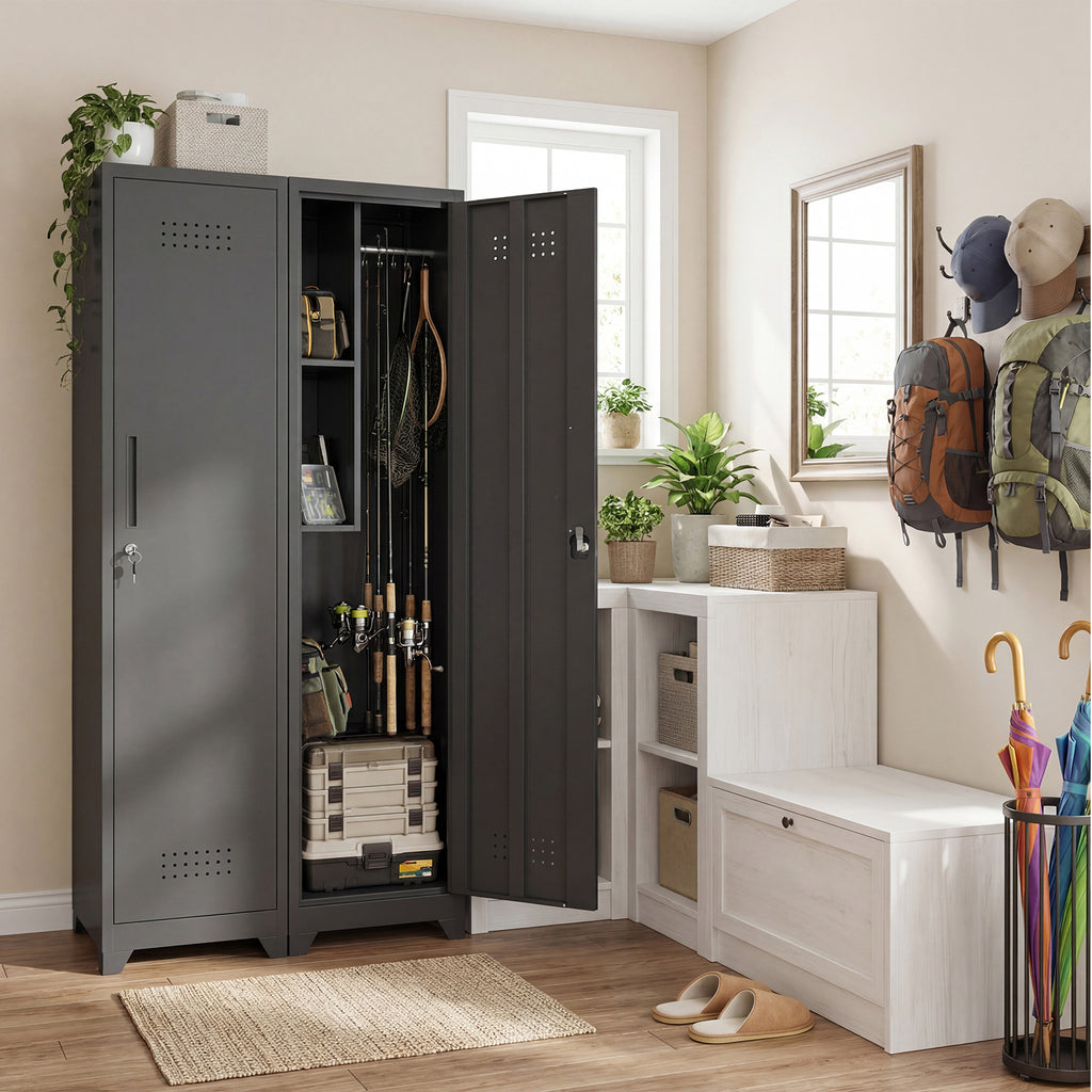Gabinet de almacenamiento para limpieza de metal negro y esbelto con puerta cerradora, estantes y barra de colgado, organizador de utilidades de 65" de alto para cocina, despensa, oficina, taller y garaje