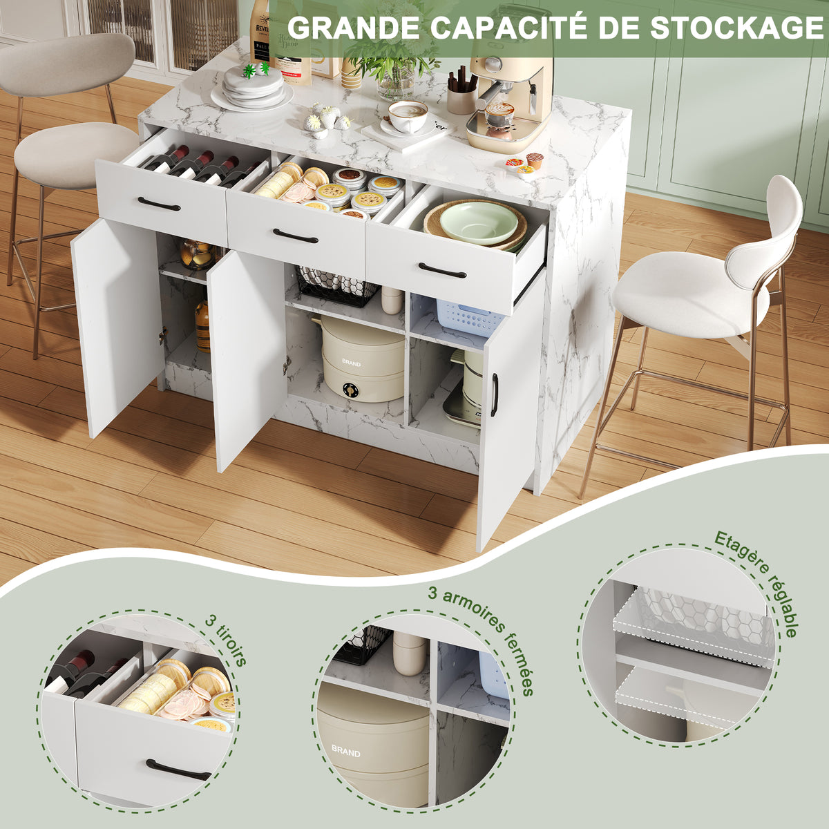 Gran isla de cocina de 120 x 60 x 90,5 cm, 3 cajones y 3 puertas, diseño de mármol blanco, soportes de empotramiento ajustables, cajones silenciosos, diseño de barbería - Accesorios para la cocina elegantes y prácticos