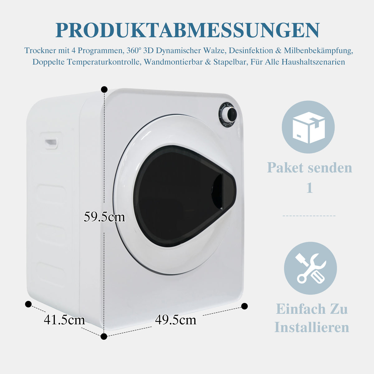 Secador de ropa de alta calidad – Calentamiento PTC en cerámica y tambor de acero inoxidable, 4 programas incluyendo función de enfriamiento, doble seguridad, montaje en pared o apilable. Caja PCM, Capacidad nominal: 3 kg (realmente 5 kg).