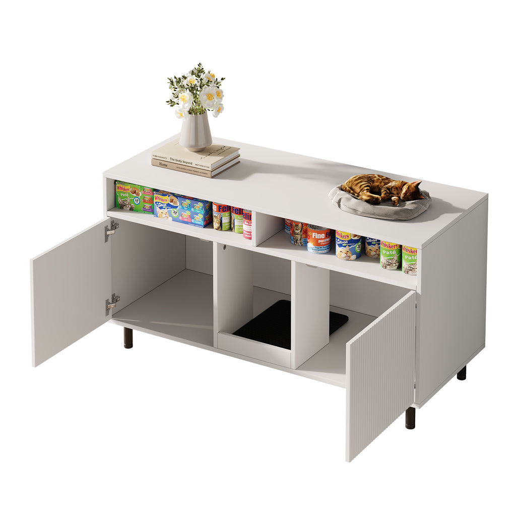 Katzentoiletten-Schrank/Katzenstreuwanne-Schrank con Alfombra de Cojín para Arena, Armario para Mascotas con Soporte, Sideboard/TV Stand para Mascotas, sin Baño para Gato, 120x50x66cm, Blanco