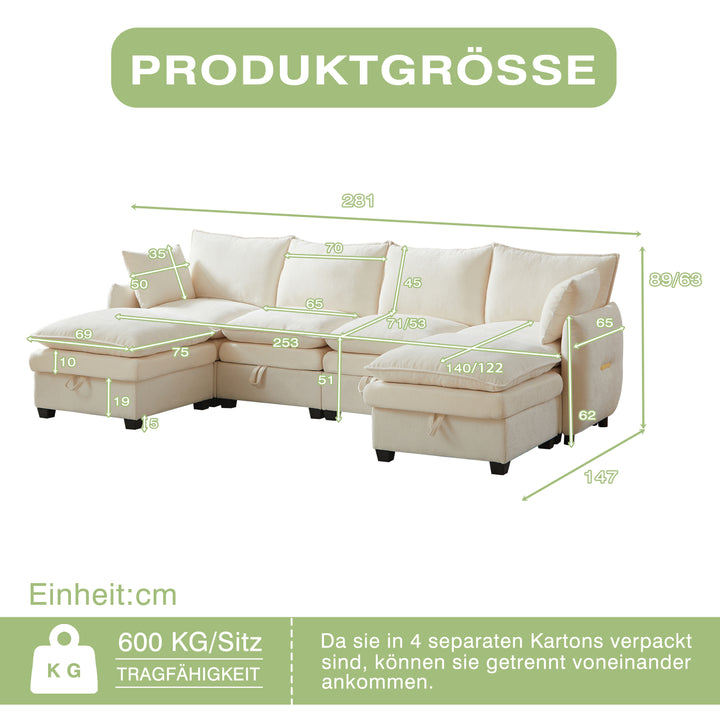 Sofa en U con espacio de almacenamiento, conjunto de sofás modular, compuesto por cuatro elementos de asiento y dos taburetes, sofá moderno con cojines y cojines de brazos, tapizado de chenille, armazón de madera sólida
