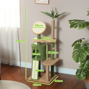 Arbol de gatos de 139 cm con cueva para gatos, pelota de juego, árbol de gatos con postes de rascar, para gatos de hasta 5 kg, color verde