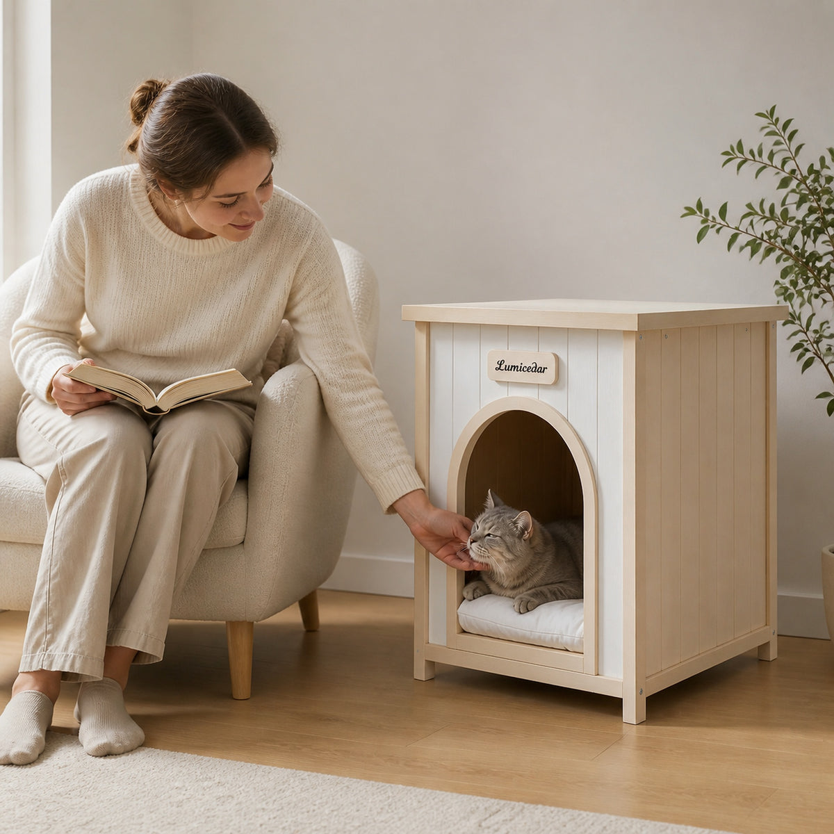 Mesa lateral para caja para perros de madera – Mueble para mascotas para el interior de la casa de madera FSC® para perros y gatos pequeños, Mesa lateral de estilo escandinavo