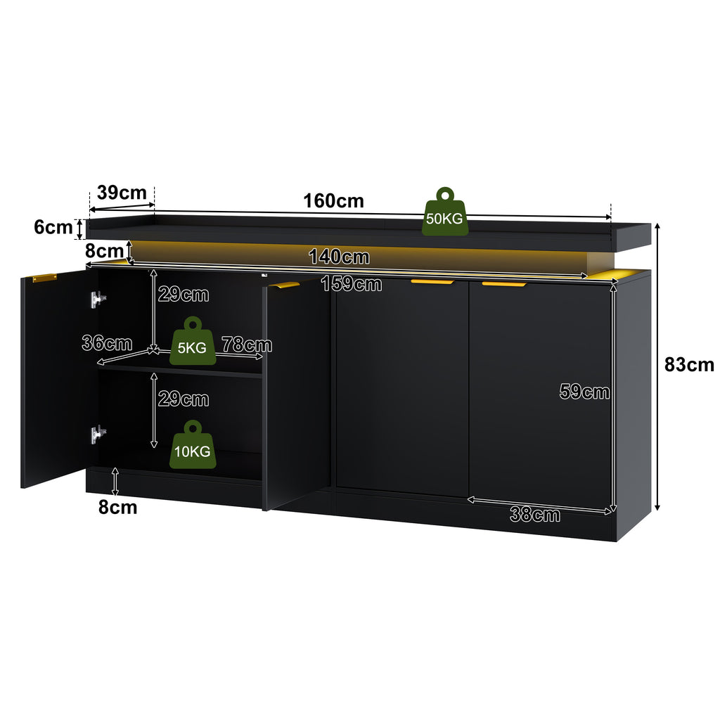 Armario de cocina con iluminación LED, Sideboard con 4 puertas, Buffet con mucho espacio de almacenamiento para el comedor y el salón, 160 × 39 × 83 cm
