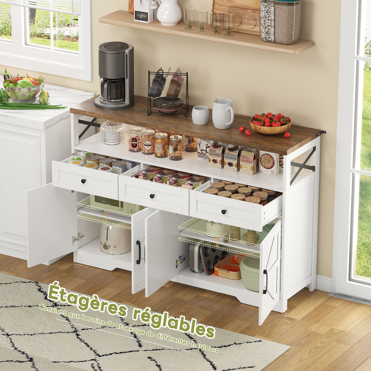 Buffet de 140 cm con espacio de almacenamiento, barra de café con 3 cajones, consola en estilo rústico con puertas, armarios con tablones de empotramiento, adecuado para la cocina, el salón, el vestíbulo, estilo rústico blanco/marrón