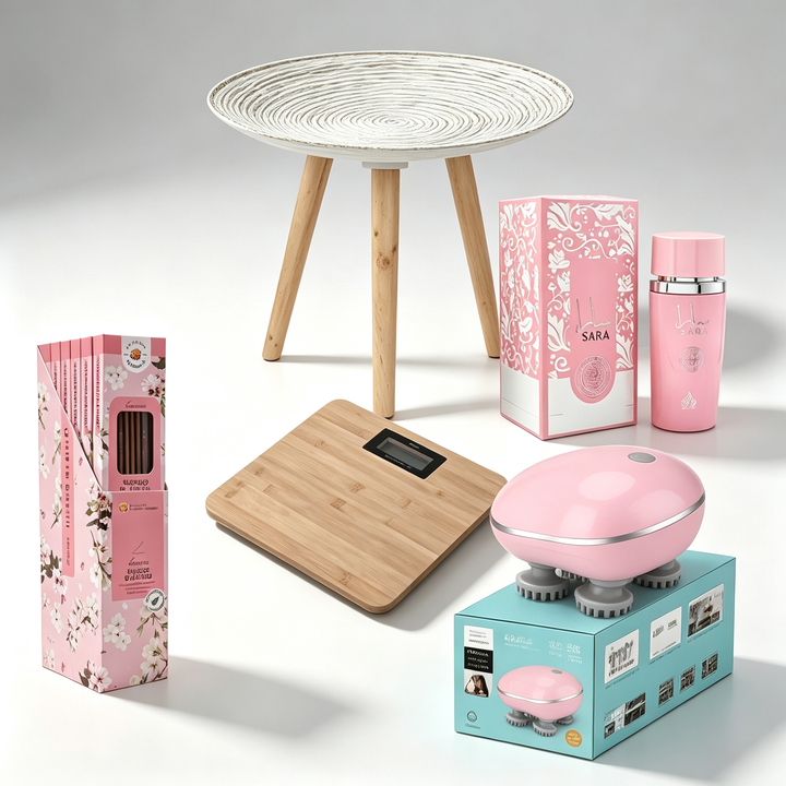 Wellness- und Deko-Set 5 in 1 – Runder Tisch + Bambuswaage + Parfüm Sara + Massagegerät + Blumenweihrauch