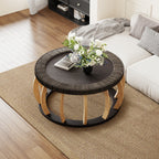 Mesa de café redonda de madera sólida con mimbre vintage, patas curvas, acento boho para el comedor, la cocina y la sala de estar, Negro Marrón