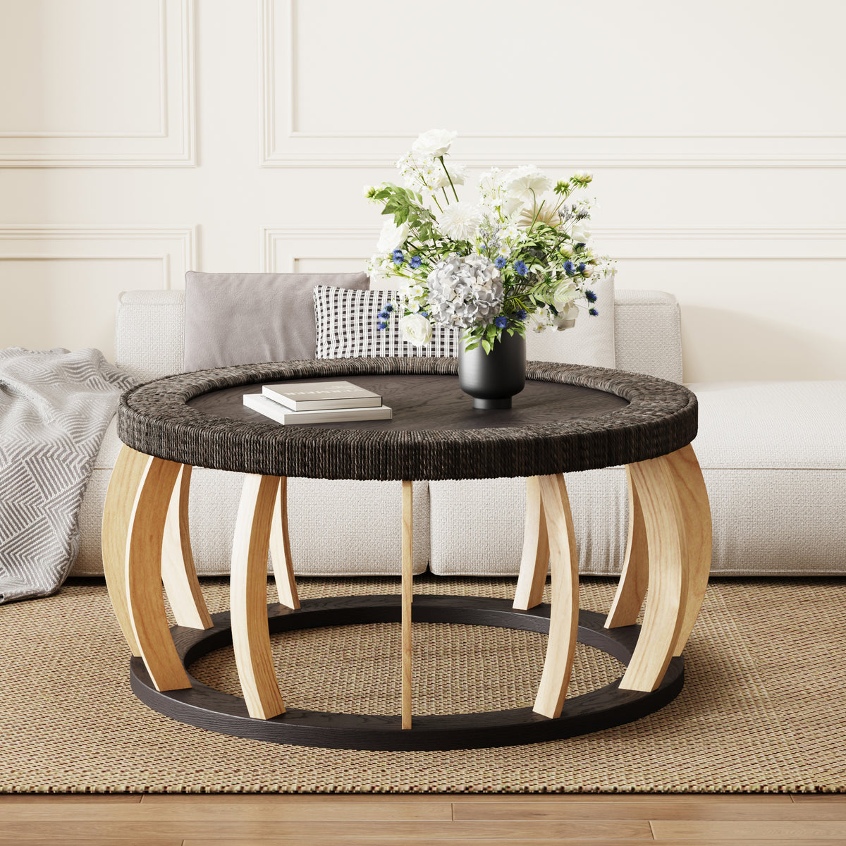 Mesa de café redonda de madera sólida con mimbre vintage, patas curvas, acento boho para el comedor, la cocina y la sala de estar, Negro Marrón