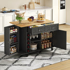 Isla de cocina con placa de trabajo plegable, equipada con 5 ruedas con cierre, armario, estante para vinos y soporte para vasos, negro, 120 x 45(70) x 89 cm