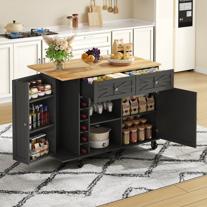 Kücheninsel mit klappbarer Arbeitsplatte, ausgestattet mit 5 feststellbaren Rollen, Schrank, Weinregal und Glashalterung, schwarz, 120 x 45(70) x 89 cm