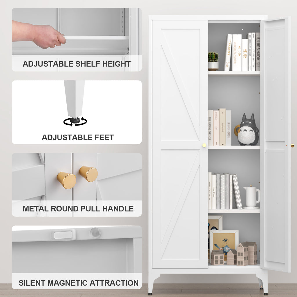 Gabineté de almacenamiento metálico de dos puertas para despensa de la cocina, con estantes ajustables, gabineté alto de acero para la cocina, salón, comedor y oficina, blanco