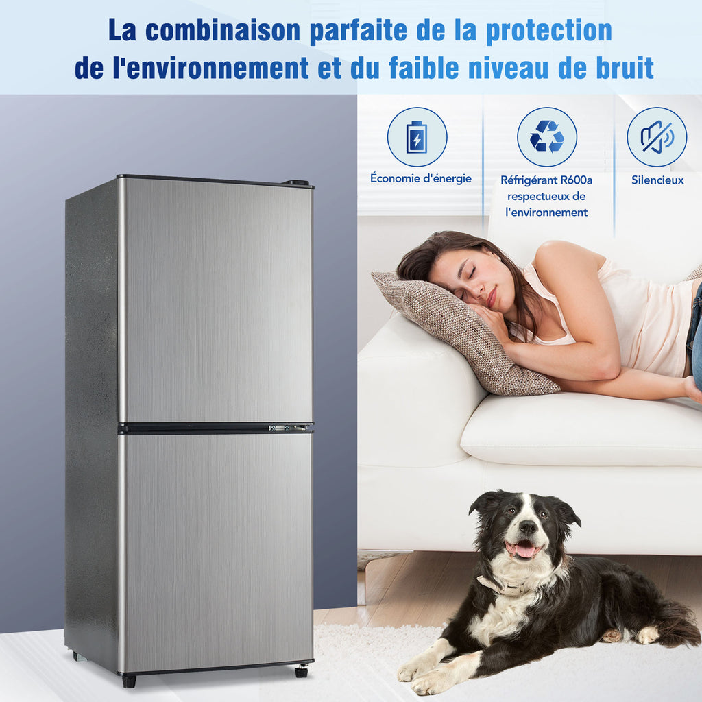 Refrigerador Minikühlschra de 106L, 60-l de capacidad de refrigeración + 46-l de capacidad de freezer, 7 ajustes de temperatura, puerta plateada + cuerpo negro, iluminación LED, cajones de empotramiento ajustables, 166 kWh/Jr, 45 dB